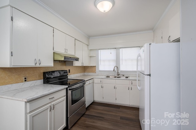 406 Arrowood St SE, Lenoir, NC 28645 - kitchen featuring a sink, light countertops, ornamental molding, under cabinet range hood, and white appliances