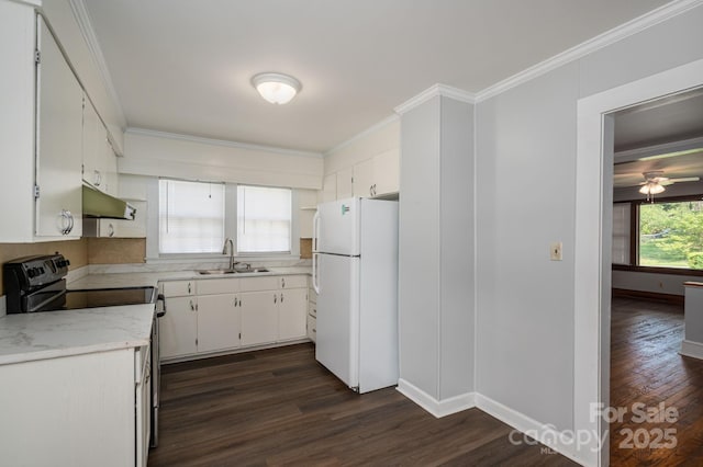 406 Arrowood St SE, Lenoir, NC 28645 - kitchen with range with electric cooktop, dark wood-style flooring, a sink, freestanding refrigerator, and under cabinet range hood