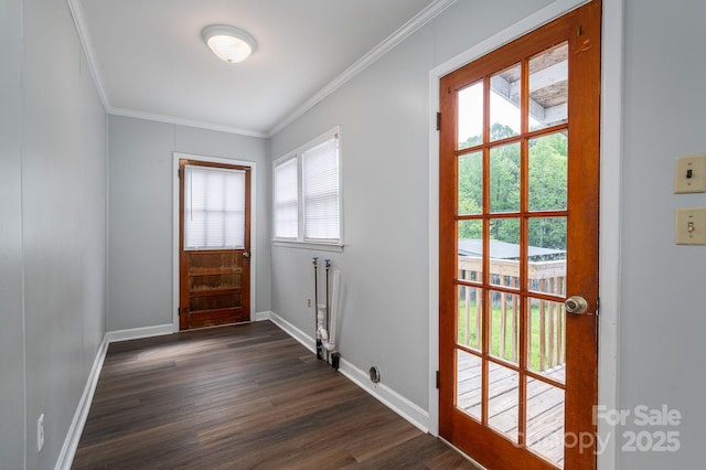 406 Arrowood St SE, Lenoir, NC 28645 - entryway with baseboards, ornamental molding, dark wood-style floors, and a healthy amount of sunlight