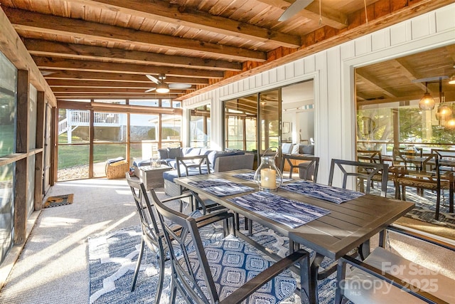 317 Commodore Loop, Mooresville, NC 28117 - sunroom with a ceiling fan, beamed ceiling, and an outdoor living space
