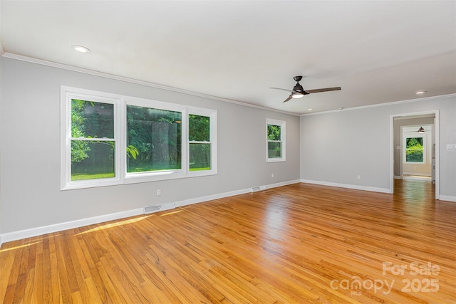 6007 Charing Pl, Charlotte, NC 28211 - empty room featuring crown molding, ceiling fan, baseboards, light wood-style floors, and recessed lighting
