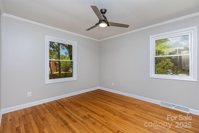 6007 Charing Pl, Charlotte, NC 28211 - empty room featuring baseboards, light wood finished floors, ornamental molding, and ceiling fan