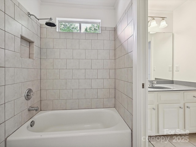 bathroom featuring vanity, shower / bathing tub combination, and ornamental molding