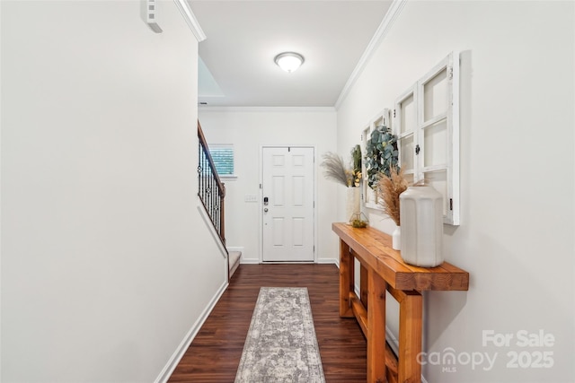 interior space featuring baseboards, ornamental molding, dark wood-style flooring, and stairs