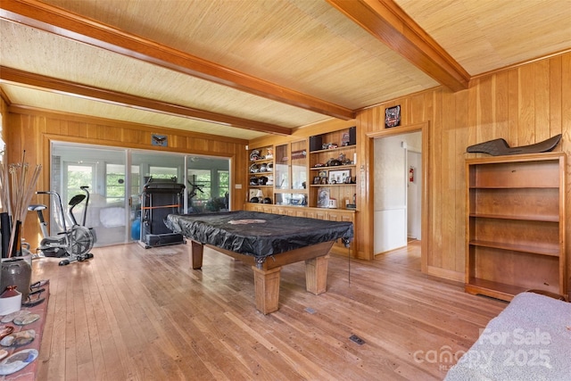recreation room featuring wooden walls, billiards, and beam ceiling