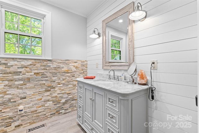 bathroom with wooden walls, vanity, wood finished floors, and visible vents