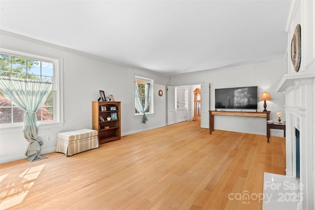 1574 Jarrett Farm Rd, Newton, NC 28658 - living room with light wood-style floors, baseboards, crown molding, and a fireplace with flush hearth
