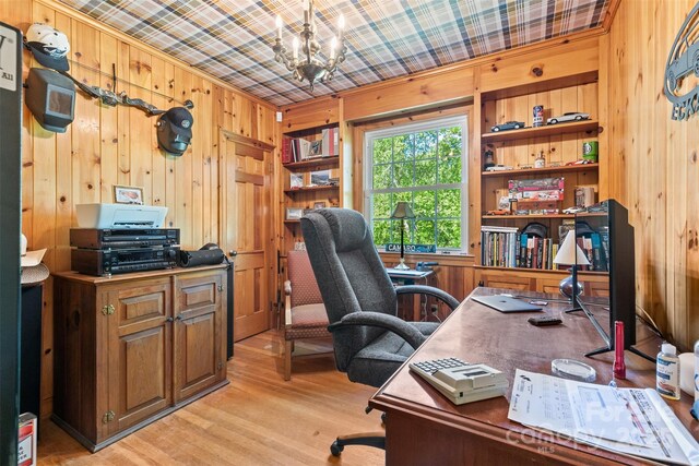 1574 Jarrett Farm Rd, Newton, NC 28658 - office area with wooden walls, an inviting chandelier, and light wood-style floors