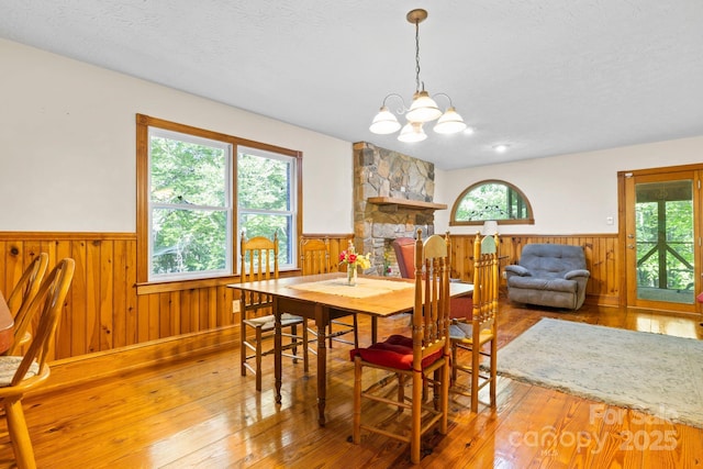dining area with wood-type flooring, wood walls, and wainscoting