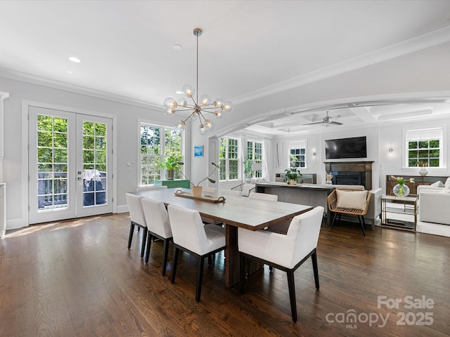 dining space featuring crown molding, dark wood finished floors, ceiling fan with notable chandelier, and a fireplace