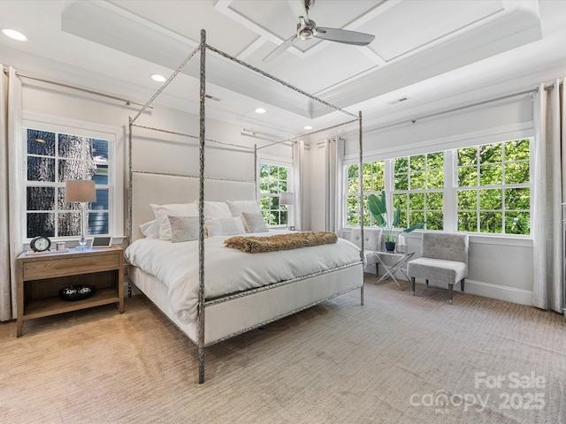 carpeted bedroom featuring baseboards, ceiling fan, recessed lighting, and visible vents