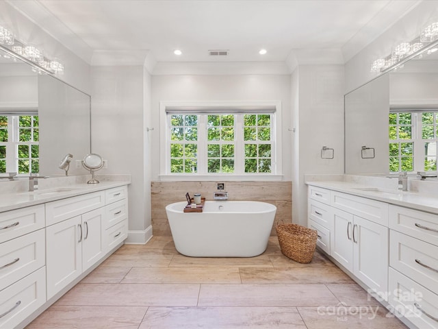 bathroom featuring a sink, ornamental molding, and two vanities