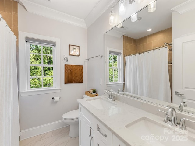 bathroom featuring a sink, a wealth of natural light, and ornamental molding
