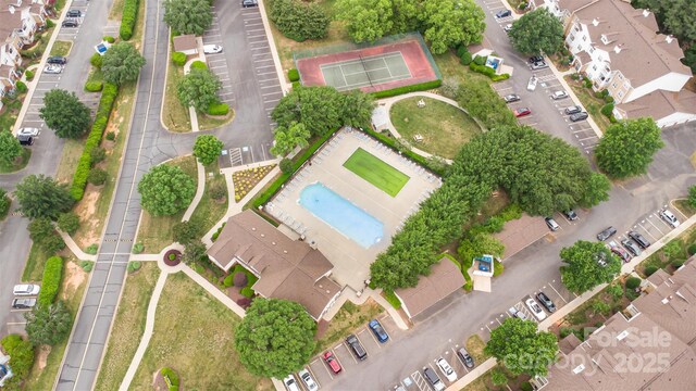 aerial view of a pool area