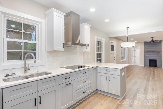 1208 Fordham Rd, Charlotte, NC 28208 - kitchen with a sink, wall chimney exhaust hood, black electric cooktop, a peninsula, and light wood-type flooring