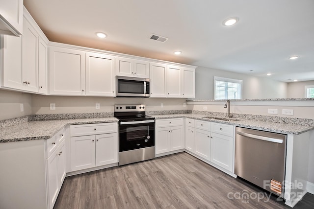 kitchen with visible vents, a peninsula, white cabinetry, a sink, and appliances with stainless steel finishes