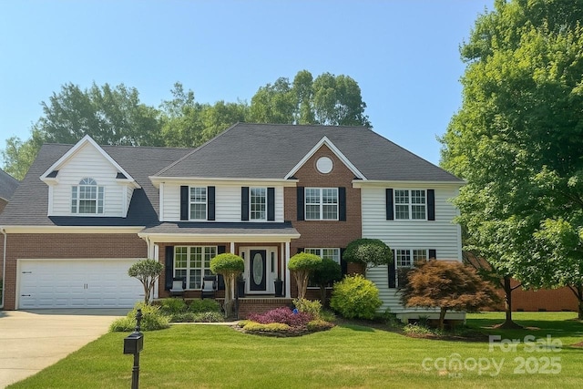 8056 Stevens Mill Rd, Matthews, NC 28104 - colonial home featuring concrete driveway, a front yard, a garage, and brick siding