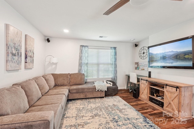 8056 Stevens Mill Rd, Matthews, NC 28104 - living room with a ceiling fan, dark wood-style floors, and recessed lighting