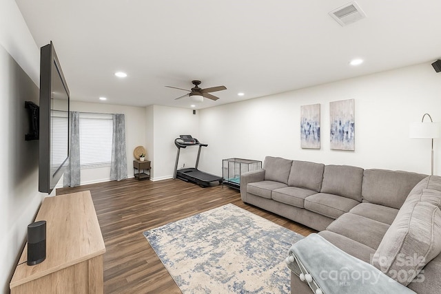 8056 Stevens Mill Rd, Matthews, NC 28104 - living area with ceiling fan, wood finished floors, and recessed lighting