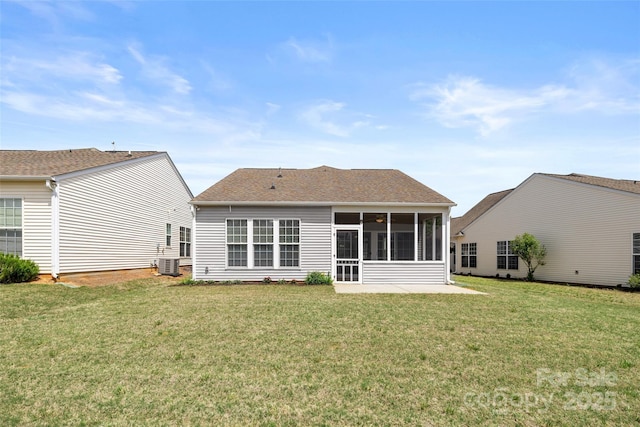 16291 Raven Crest Dr, Indian Land, SC 29707 - rear view of property with a yard, central AC, a shingled roof, and a sunroom