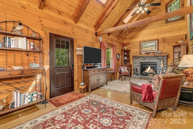 41 Log Cabin Dr, Maggie Valley, NC 28751 - living area featuring wooden walls, wood ceiling, light wood finished floors, and beam ceiling
