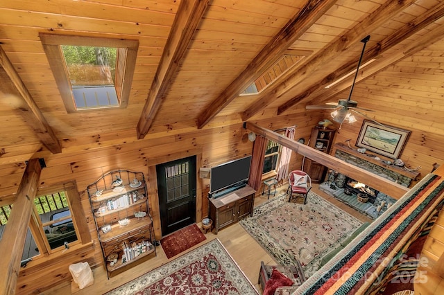 41 Log Cabin Dr, Maggie Valley, NC 28751 - living area featuring wood walls, wood finished floors, ceiling fan, wood ceiling, and vaulted ceiling with skylight