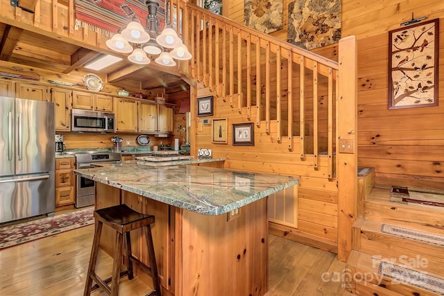 41 Log Cabin Dr, Maggie Valley, NC 28751 - kitchen with wooden walls, appliances with stainless steel finishes, a breakfast bar, and light wood-style flooring