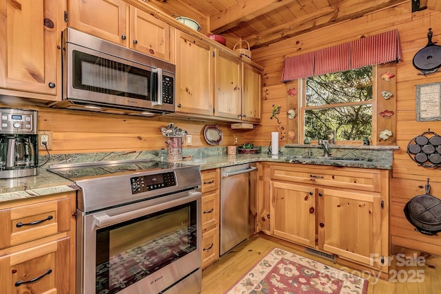 41 Log Cabin Dr, Maggie Valley, NC 28751 - kitchen with wooden walls, a sink, stainless steel appliances, wooden ceiling, and visible vents