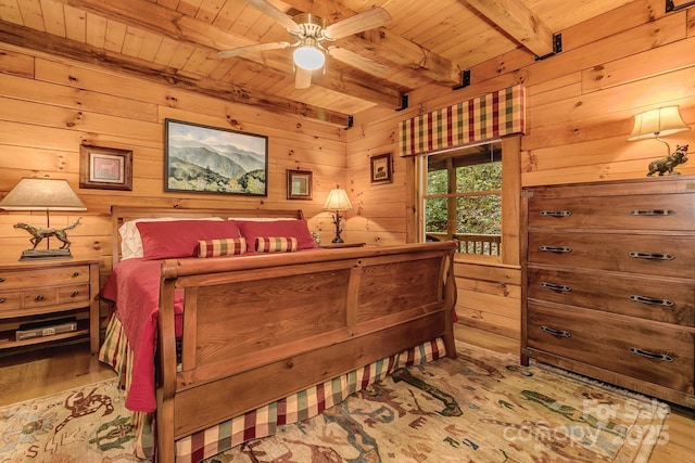 41 Log Cabin Dr, Maggie Valley, NC 28751 - bedroom with wood walls, wooden ceiling, beam ceiling, and light wood finished floors