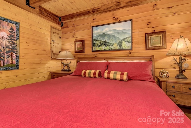 41 Log Cabin Dr, Maggie Valley, NC 28751 - bedroom featuring wood walls, wood ceiling, and beamed ceiling