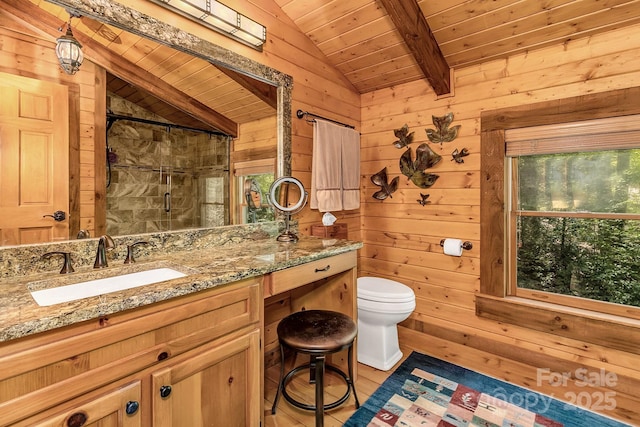 41 Log Cabin Dr, Maggie Valley, NC 28751 - full bath featuring wooden walls, wood ceiling, vaulted ceiling with beams, and a shower stall