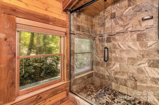 41 Log Cabin Dr, Maggie Valley, NC 28751 - bathroom featuring wood ceiling and a shower stall