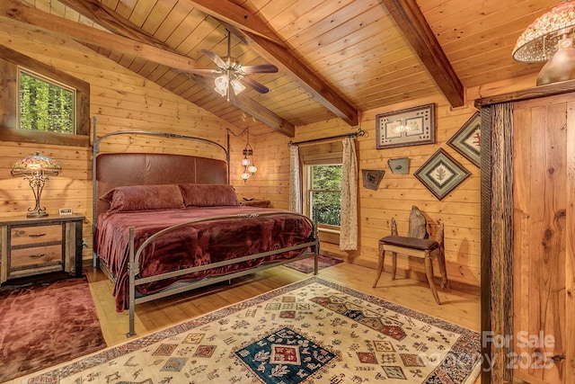 41 Log Cabin Dr, Maggie Valley, NC 28751 - bedroom featuring wooden walls, wooden ceiling, vaulted ceiling with beams, and hardwood / wood-style floors