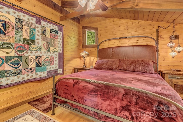 41 Log Cabin Dr, Maggie Valley, NC 28751 - bedroom featuring wooden walls, lofted ceiling with beams, and wood finished floors