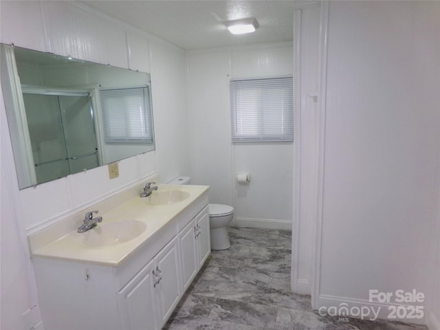 44716 Gold Branch Rd, Richfield, NC 28137 - full bath with toilet, a shower with door, a sink, and marble finish floor