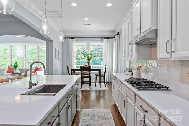 kitchen with crown molding, a sink, stainless steel gas stovetop, dark wood-type flooring, and under cabinet range hood