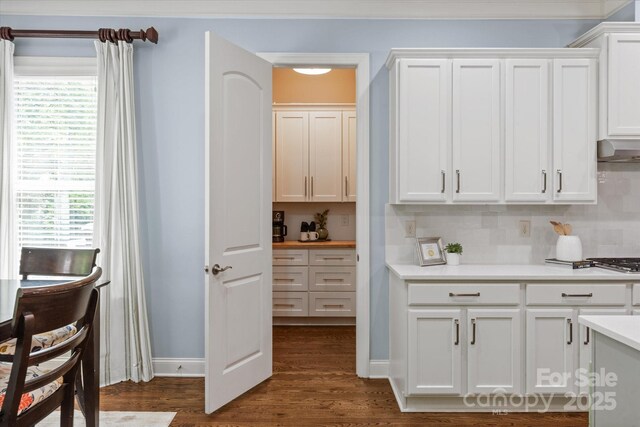 interior space with white cabinets, light countertops, decorative backsplash, dark wood-type flooring, and under cabinet range hood