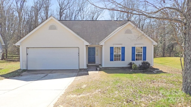 single story home featuring a garage, a front lawn, fence, a shingled roof, and driveway