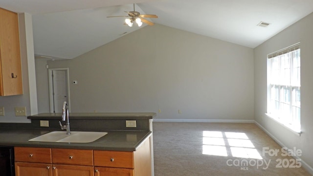 1367 Springview Ct, Rock Hill, SC 29732 - kitchen with a sink, dark countertops, vaulted ceiling, a peninsula, and light carpet