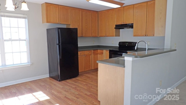 1367 Springview Ct, Rock Hill, SC 29732 - kitchen featuring black appliances, under cabinet range hood, light wood finished floors, baseboards, and a peninsula