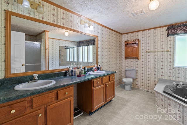 bathroom featuring a sink, ornamental molding, a textured ceiling, and visible vents