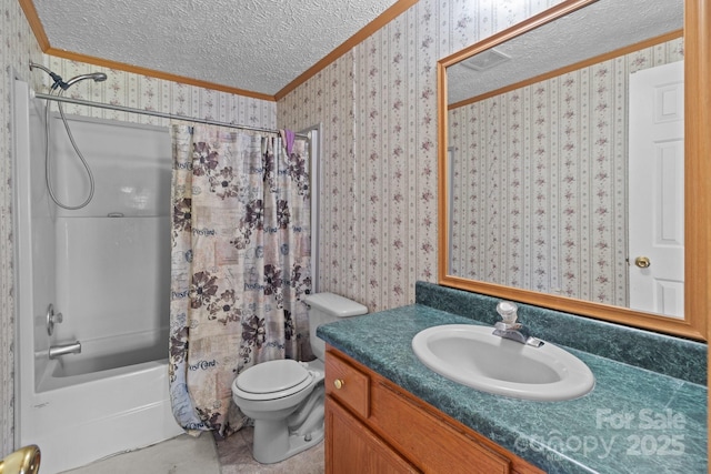 full bathroom with crown molding, shower / bath combo with shower curtain, vanity, toilet, and a textured ceiling