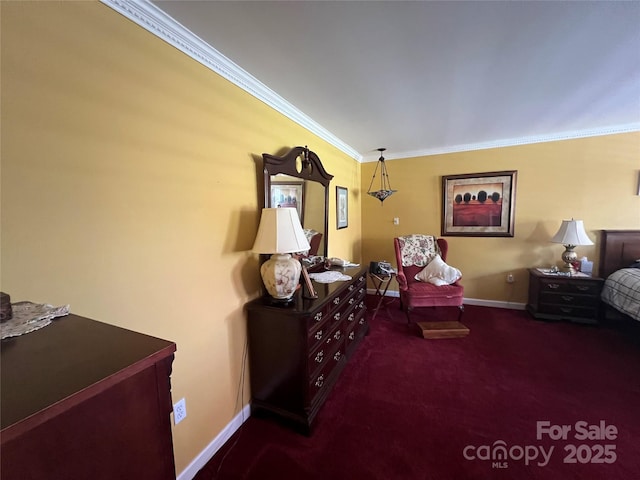 carpeted bedroom with baseboards and ornamental molding