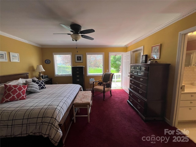 bedroom with dark colored carpet, crown molding, ceiling fan, and access to exterior