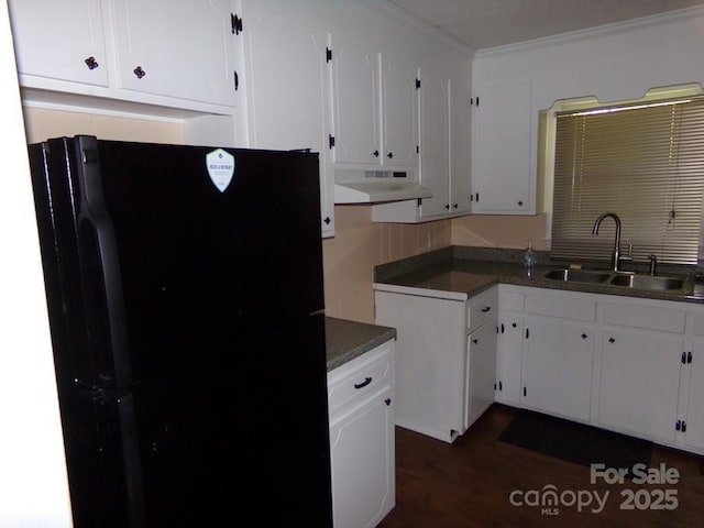 kitchen with a sink, dark wood finished floors, freestanding refrigerator, white cabinetry, and under cabinet range hood