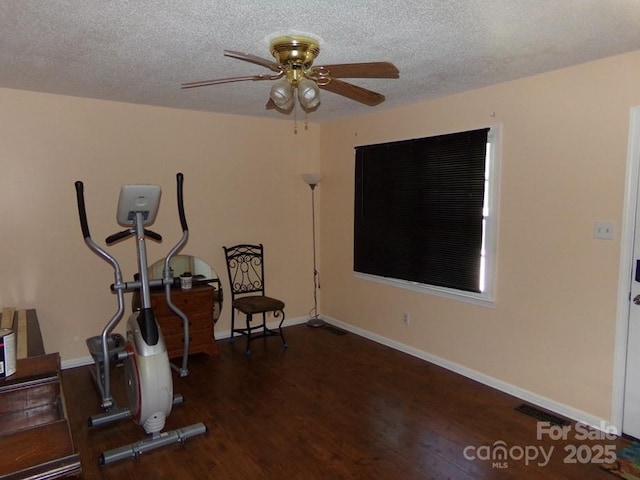 556 Roundtree Cir, Chester, SC 29706 - workout room with a ceiling fan, wood finished floors, baseboards, and a textured ceiling