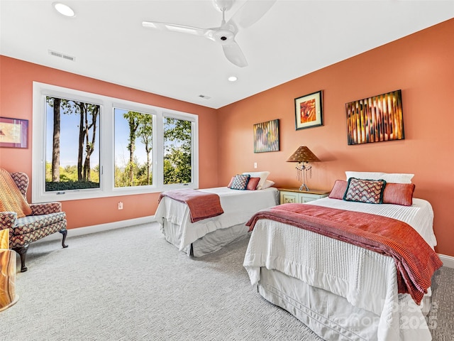carpeted bedroom with visible vents, recessed lighting, baseboards, and ceiling fan