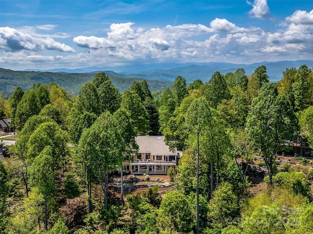 aerial view featuring a view of trees and a mountain view