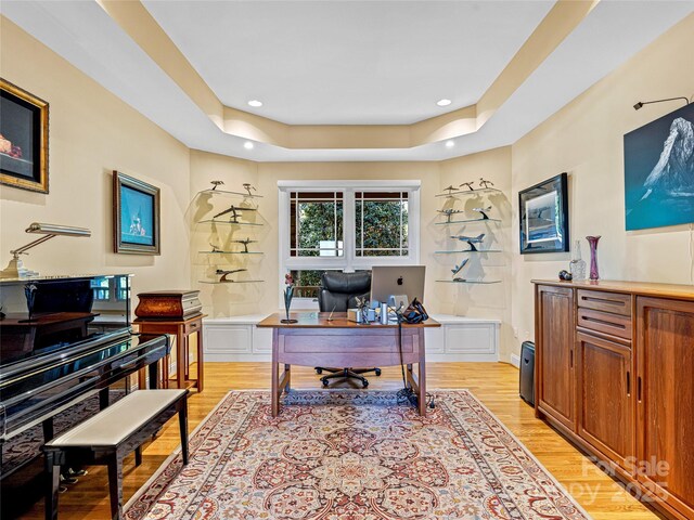 543 Hagen Dr, Hendersonville, NC 28739 - office area featuring light wood-style floors, a raised ceiling, and recessed lighting