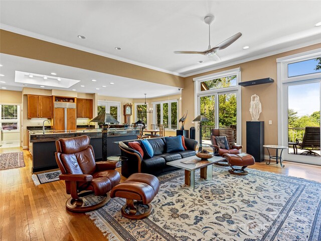 543 Hagen Dr, Hendersonville, NC 28739 - living room with crown molding, a ceiling fan, recessed lighting, and light wood-style flooring